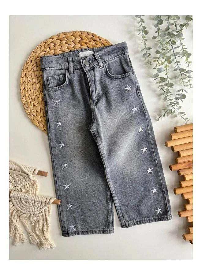 Magu Girls' Cotton Grey Star-Patterned Denim Pants – Relaxed Fit, Everyday Wear