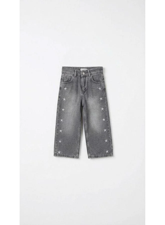 Magu Girls' Cotton Grey Star-Patterned Denim Pants – Relaxed Fit, Everyday Wear