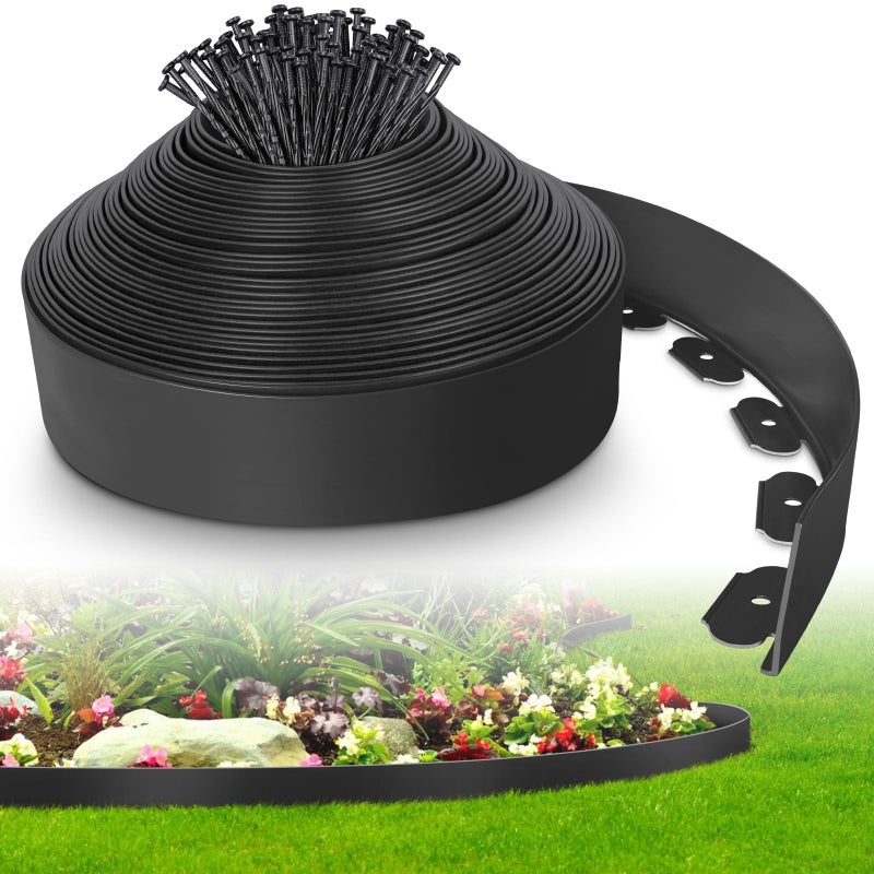 FunFanso 4-Inch x 50 FT Landscape Edging Border with 75 Spikes, Garden Edging Lawn Border Kit, Plastic Edging Border Flexible for Garden Flower Beds Lawn Yard Pathway Paver Edging (Black) - Image 1