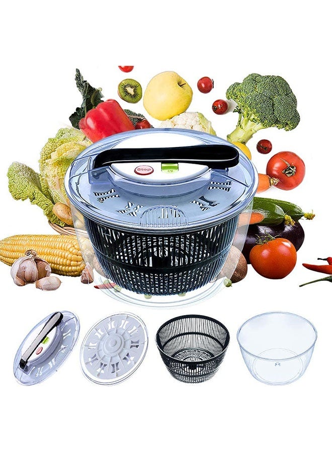 عربست مجفف سلطة كبير متعدد الوظائف بسعة 4.5 لتر، تصميم خالٍ من مادة BPA، مزود بمقبض يدوي مريح وآلية قفل لتجفيف الفواكه والخضروات بسرعة، مثالي لتجفيف الخس. - Image 1