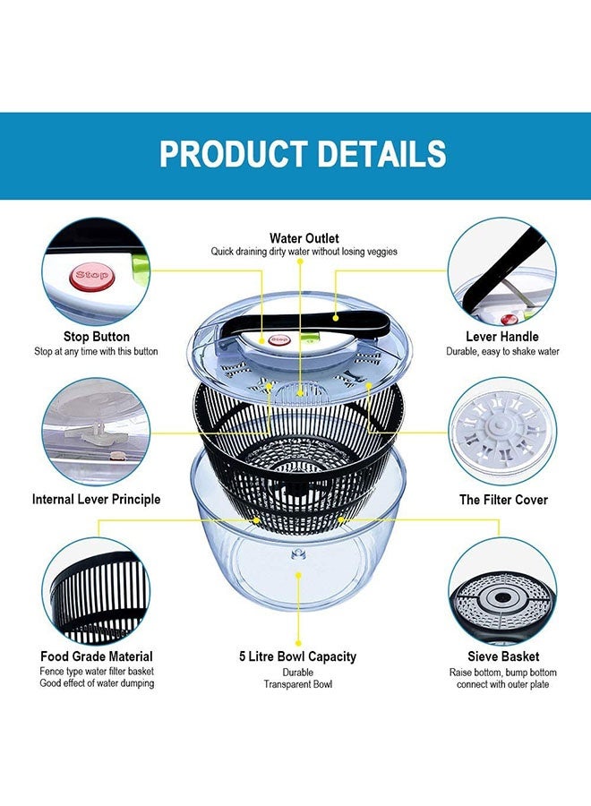 عربست مجفف سلطة كبير متعدد الوظائف بسعة 4.5 لتر، تصميم خالٍ من مادة BPA، مزود بمقبض يدوي مريح وآلية قفل لتجفيف الفواكه والخضروات بسرعة، مثالي لتجفيف الخس. - Image 3