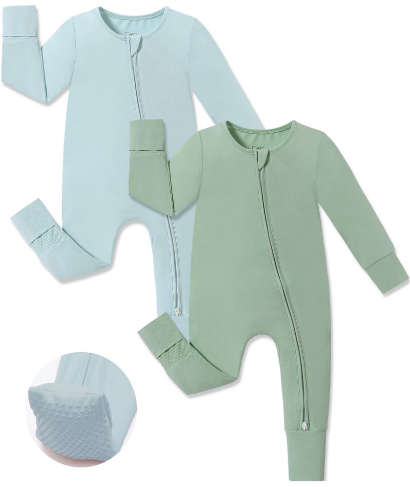 JunNeng Viscose from Bamboo Sleeper with Mittens, 2 Way Zipper Baby Boy Pajamas, Non Slip Sleep'N Play Romper Blue+Green 12-18 Months - Image 1