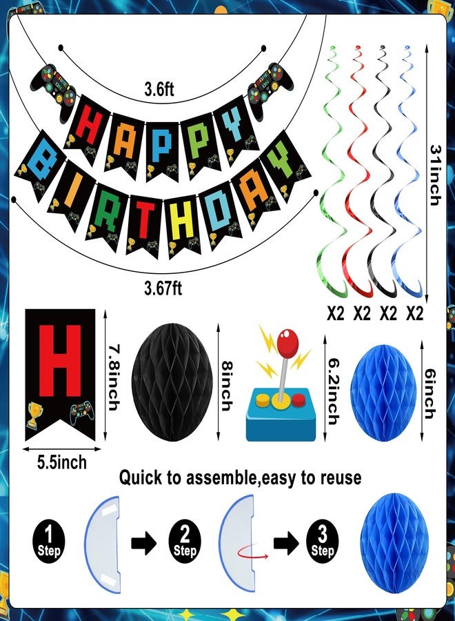 Maniaacer Video Game Birthday Decorations Game Theme Party Decorations Kit Includes Happy Birthday Gaming Banner Hanging Swirls Honeycomb Balls for Gaming Theme Birthdays Party - Image 2