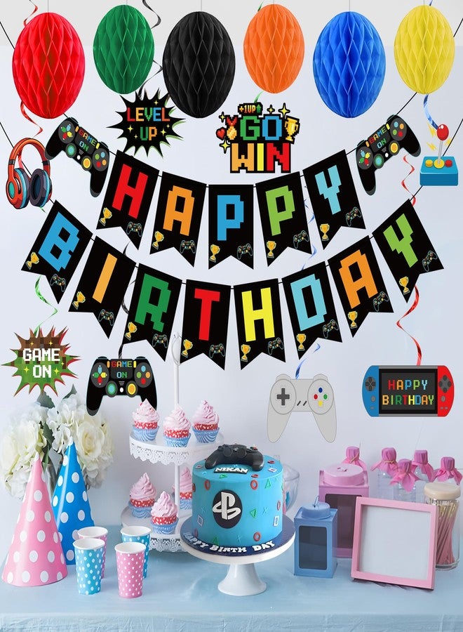Maniaacer Video Game Birthday Decorations Game Theme Party Decorations Kit Includes Happy Birthday Gaming Banner Hanging Swirls Honeycomb Balls for Gaming Theme Birthdays Party - Image 5