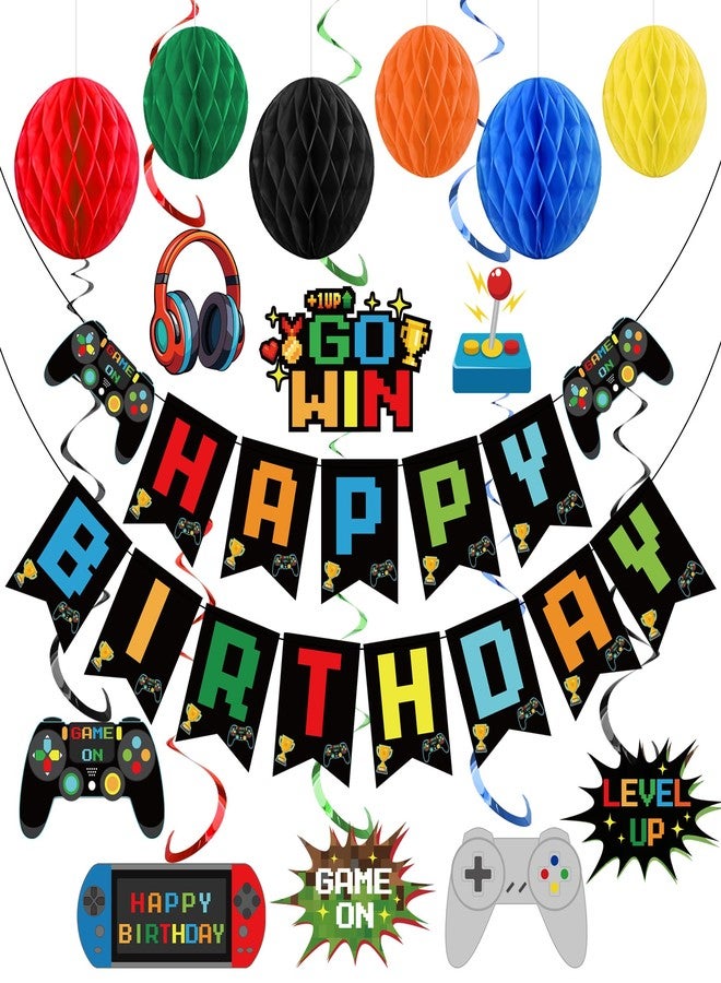 Maniaacer Video Game Birthday Decorations Game Theme Party Decorations Kit Includes Happy Birthday Gaming Banner Hanging Swirls Honeycomb Balls for Gaming Theme Birthdays Party - Image 1