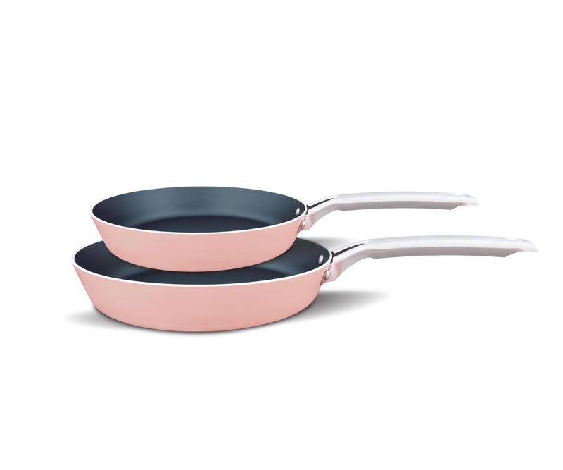Trueval 2-Piece Non-Stick Frying Pan Set – 24cm & 28cm – Pink Aluminum Teflon-Coated Skillets – Hollow Stainless Steel Cool-Touch Handles – Even Heat Distribution