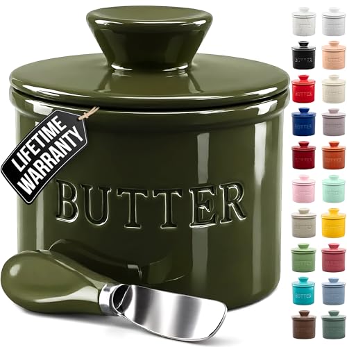 Zulay Kitchen Bell Shaped Butter Crock with Lid for Countertop with Water Line Spreader Knife Ceramic French Butter Dish Keeper For Fresh Soft Spreadable Butter Jade - Image 1
