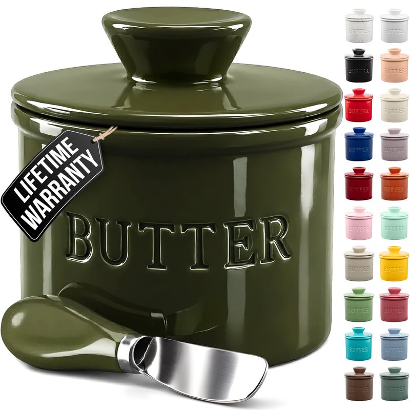 Zulay Kitchen Bell Shaped Butter Crock with Lid for Countertop with Water Line Spreader Knife Ceramic French Butter Dish Keeper For Fresh Soft Spreadable Butter Jade - Image 2