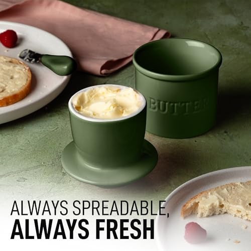 Zulay Kitchen Bell Shaped Butter Crock with Lid for Countertop with Water Line Spreader Knife Ceramic French Butter Dish Keeper For Fresh Soft Spreadable Butter Jade - Image 3