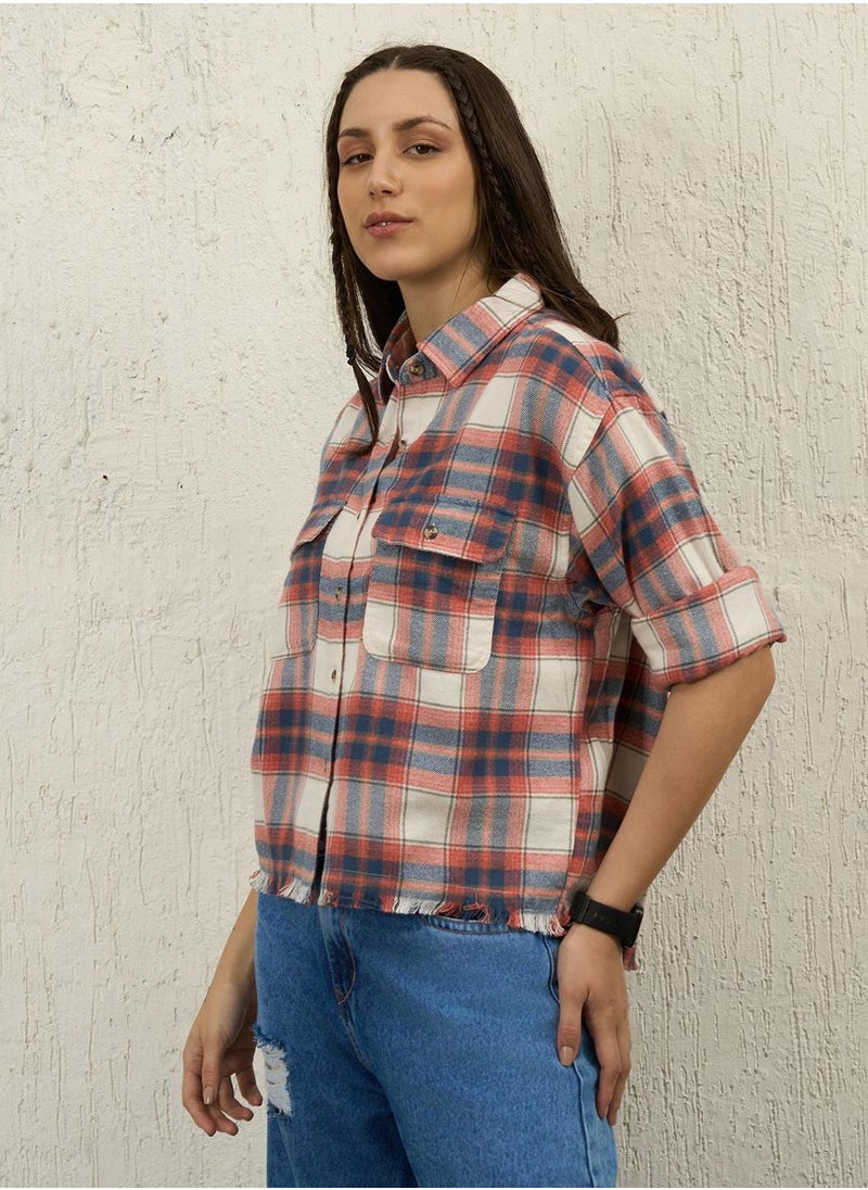 Hubberholme Women’s Oversized Boyfriend Fit Shirt, White Tartan Check, Full Sleeves, Cotton  - Image 3
