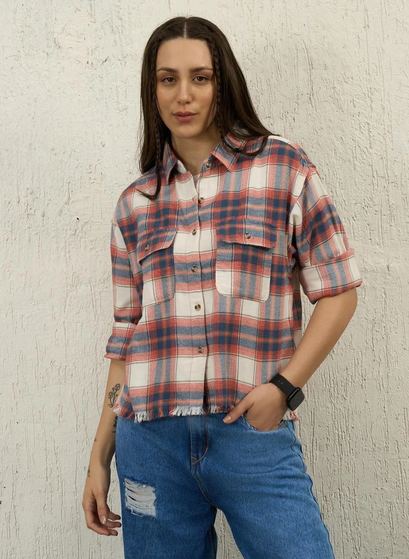 هوبرهولمي قميص نسائي واسع بنقشة كاروهات بيضاء وأكمام كاملة من القطن