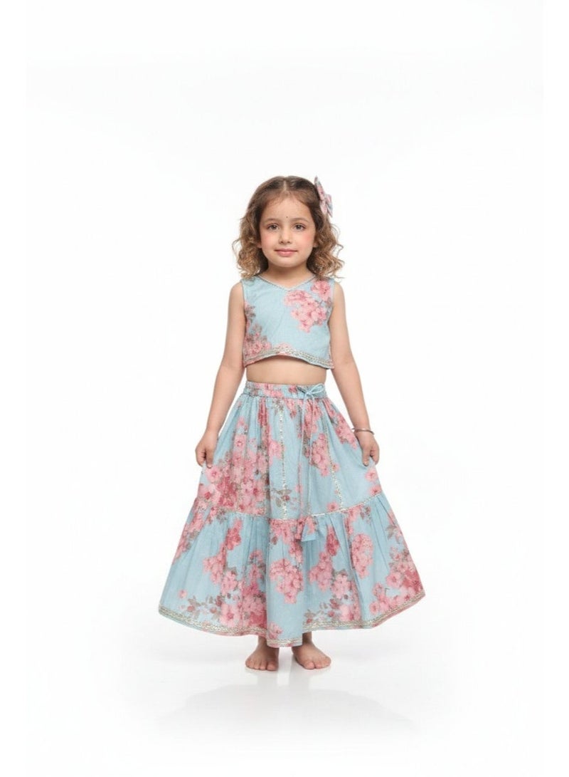 Saka Designs Girls Blue And Pink Printed Lehenga Set - Image 1