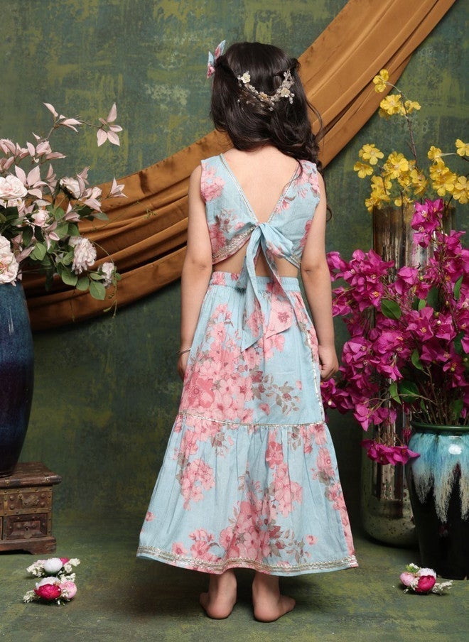 Saka Designs Girls Blue And Pink Printed Lehenga Set - Image 5