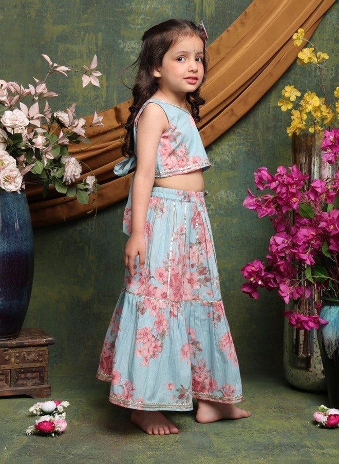 Saka Designs Girls Blue And Pink Printed Lehenga Set - Image 4