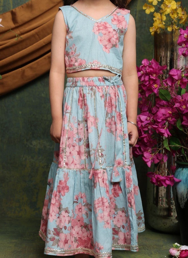 Saka Designs Girls Blue And Pink Printed Lehenga Set - Image 3