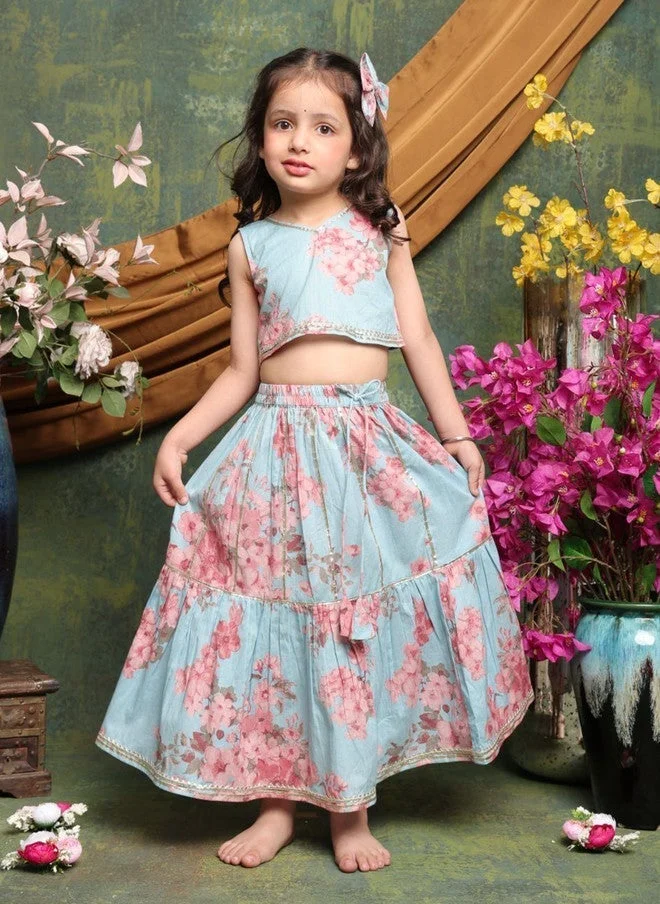 Saka Designs Girls Blue And Pink Printed Lehenga Set