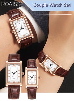 roaiss PU Leather Strap Couple Quartz Watch Set, Analog Display Rectangle Dial with Rhinestones Decoration, Luxurious Waterproof Wristwatch Gift for Men Women  - Image 1