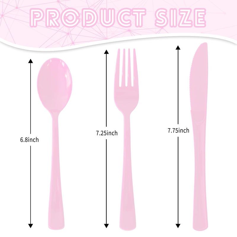 JSQBSECL 150 Pack Plastic Silverware Disposable Cutlery Set Heavy Duty Utensil Sets 50 Forks 50 Knives 50 Spoons for Brithday  Wedding Home Office School Party Picnics (Pink) - Image 1