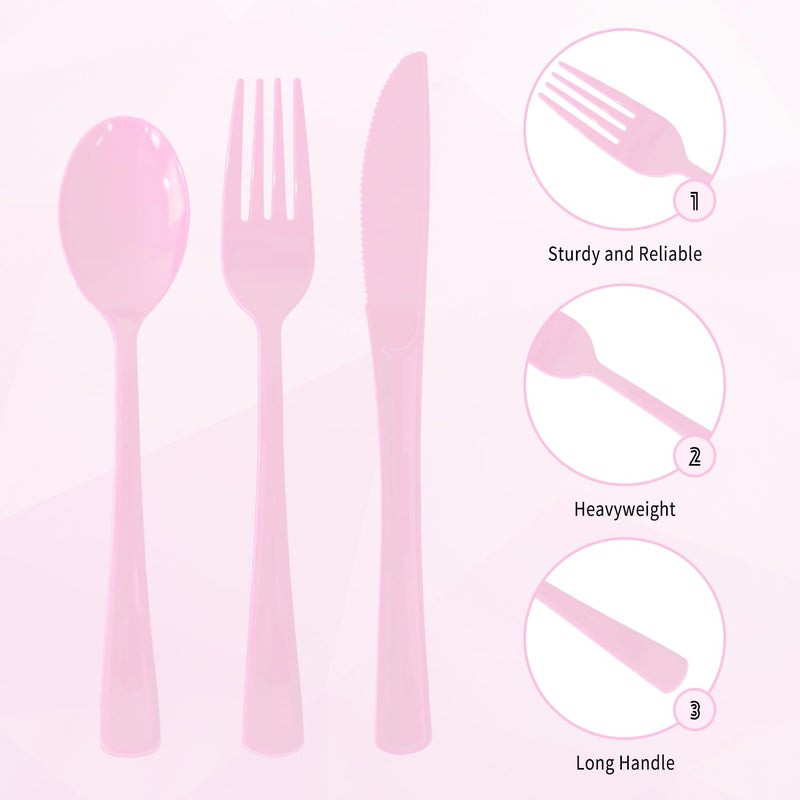 JSQBSECL 150 Pack Plastic Silverware Disposable Cutlery Set Heavy Duty Utensil Sets 50 Forks 50 Knives 50 Spoons for Brithday  Wedding Home Office School Party Picnics (Pink) - Image 2