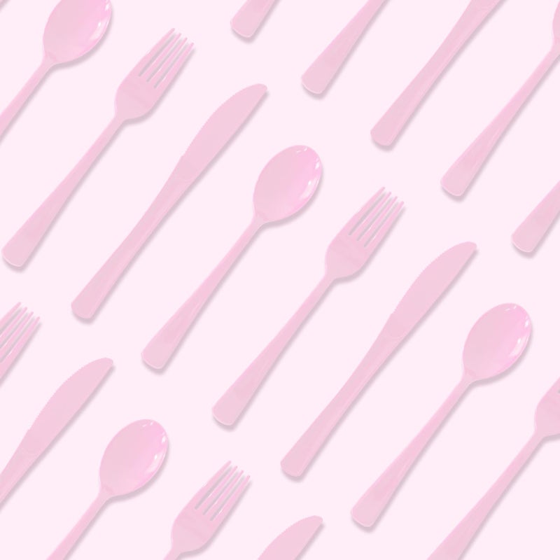 JSQBSECL 150 Pack Plastic Silverware Disposable Cutlery Set Heavy Duty Utensil Sets 50 Forks 50 Knives 50 Spoons for Brithday  Wedding Home Office School Party Picnics (Pink) - Image 3