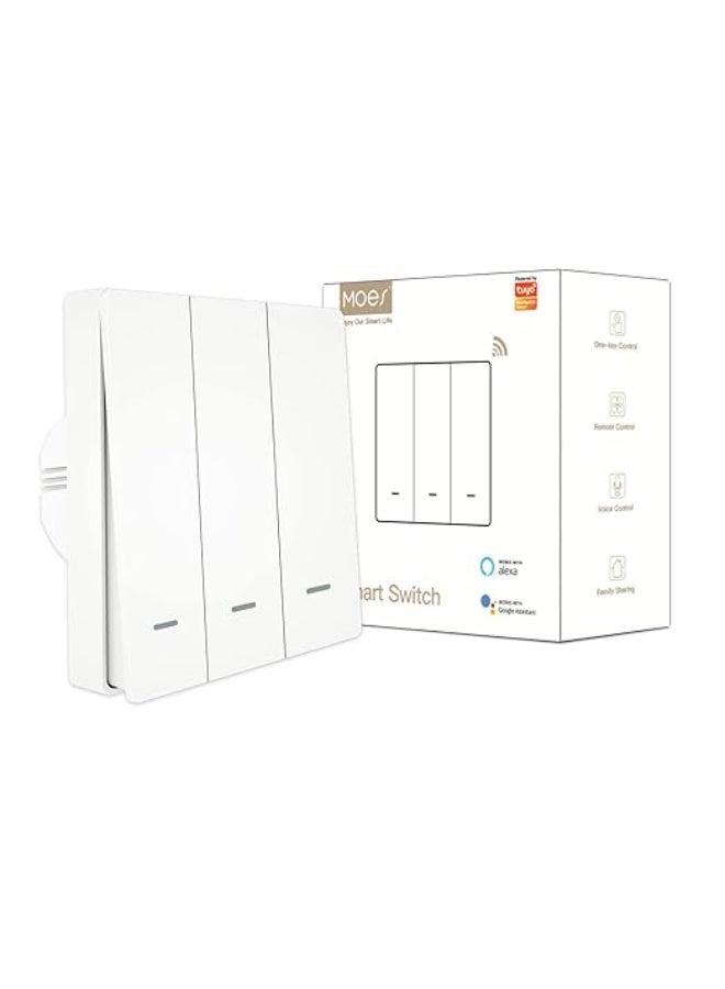 MOES Smart Life Zigbee Push Piano Switch – 3 Gang (White) | Neutral & No-Neutral Compatible, Multi-Control Association, Tuya Zigbee Hub Required - Image 1
