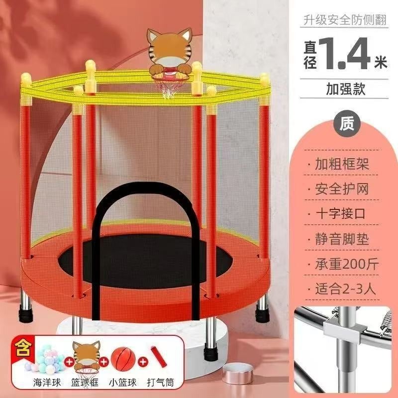 Qi Ta 1.4m Kids Indoor Trampoline with Safety Net, Basketball Hoop & Ocean Balls - Image 2