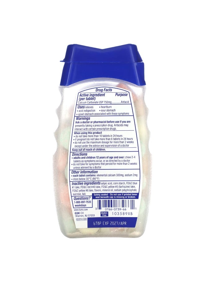 TUMS Tums, Extra Strength Antacid, Assorted Fruit, 750 mg, 96 Chewable Tablets  - Image 2