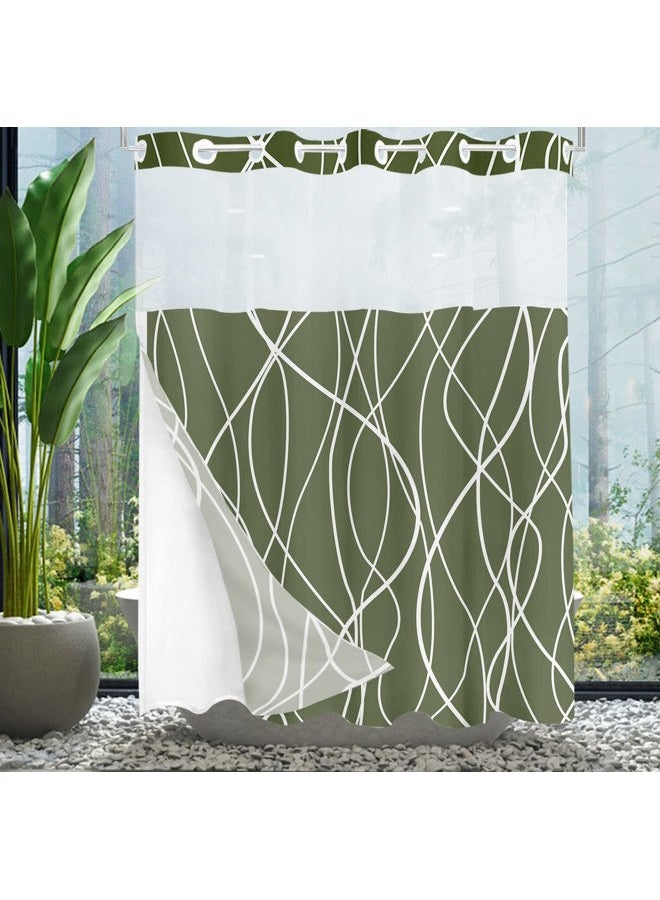 Tititex No Hooks Snap in Liner Abstract Curve Lines Olive Green White Shower Curtain, Hotel Luxury Double Layers No Hooks Waterproof Fabric & See-Through Top Window Bathroom Decorative 71x71 Inch - Image 1