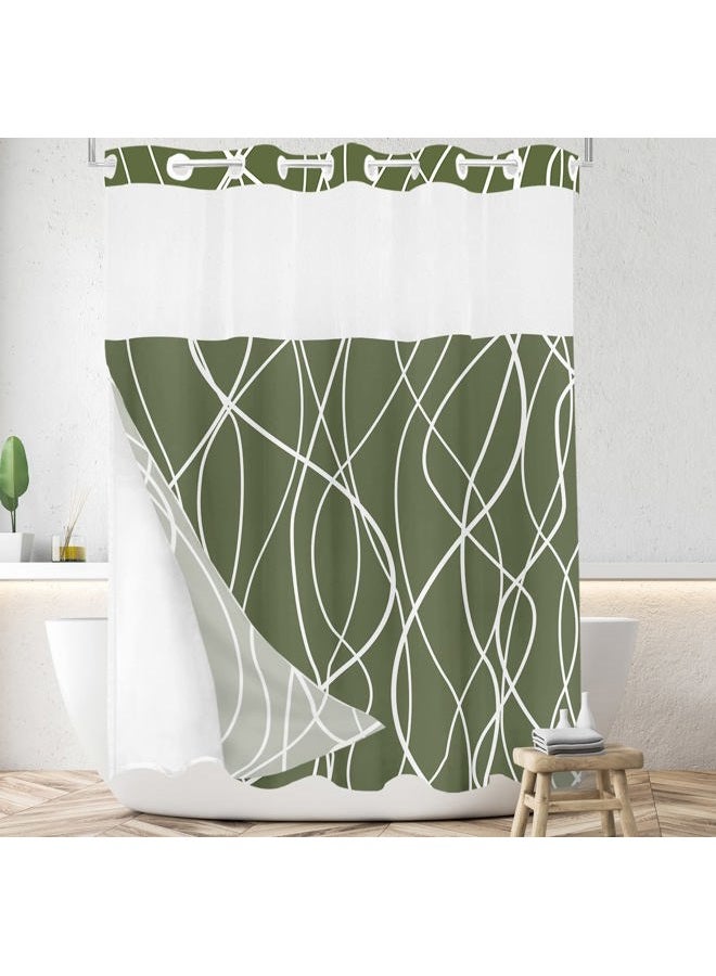 Tititex No Hooks Snap in Liner Abstract Curve Lines Olive Green White Shower Curtain, Hotel Luxury Double Layers No Hooks Waterproof Fabric & See-Through Top Window Bathroom Decorative 71x71 Inch - Image 2