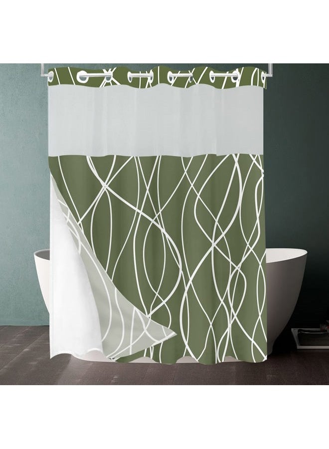 Tititex No Hooks Snap in Liner Abstract Curve Lines Olive Green White Shower Curtain, Hotel Luxury Double Layers No Hooks Waterproof Fabric & See-Through Top Window Bathroom Decorative 71x71 Inch - Image 3