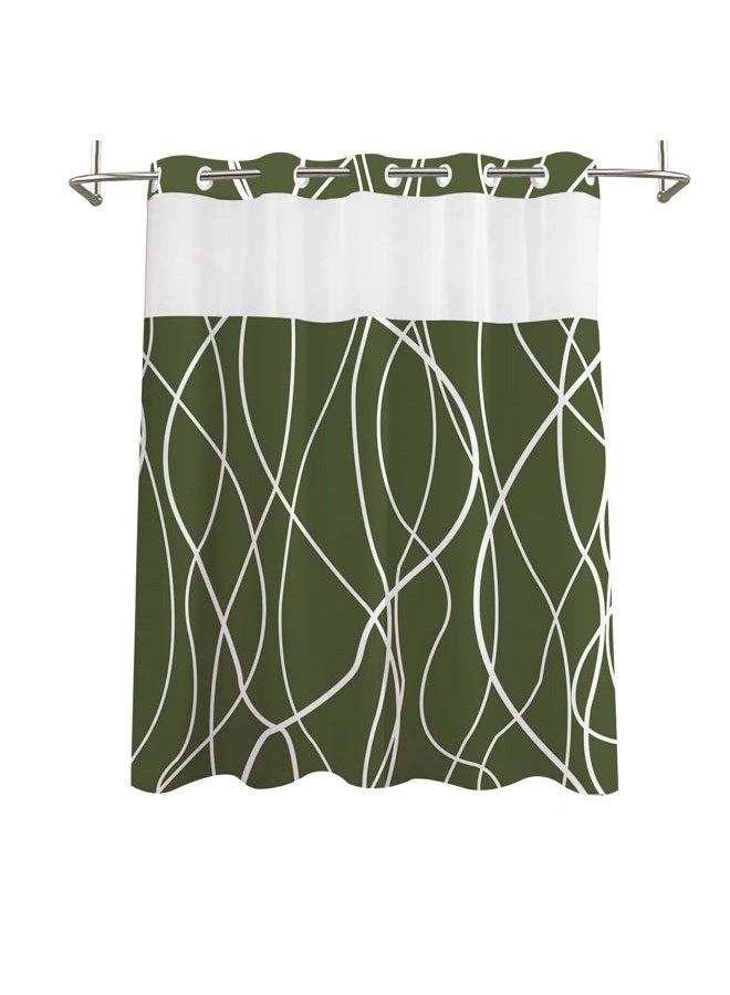 Tititex No Hooks Snap in Liner Abstract Curve Lines Olive Green White Shower Curtain, Hotel Luxury Double Layers No Hooks Waterproof Fabric & See-Through Top Window Bathroom Decorative 71x71 Inch - Image 4