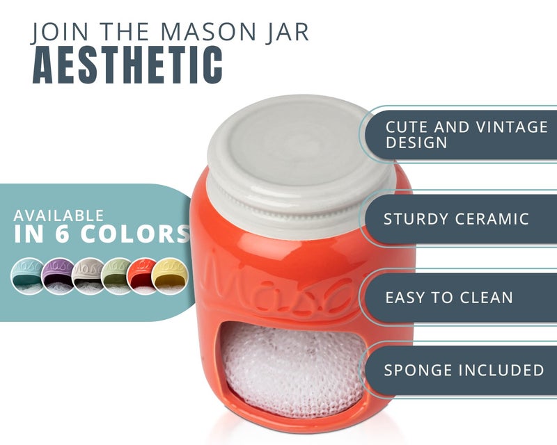 Comfify Ceramic Sponge Holder – Coral Mason Jar Sink Caddy – Farmhouse Kitchen Accessory with Free Sponge - Image 2