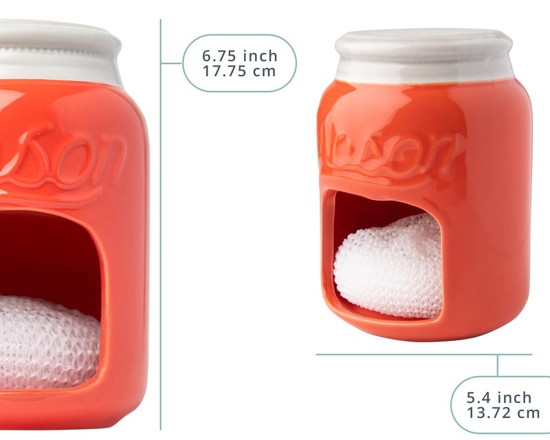 Comfify Ceramic Sponge Holder – Coral Mason Jar Sink Caddy – Farmhouse Kitchen Accessory with Free Sponge - Image 3