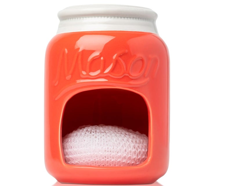 Comfify Ceramic Sponge Holder – Coral Mason Jar Sink Caddy – Farmhouse Kitchen Accessory with Free Sponge - Image 1