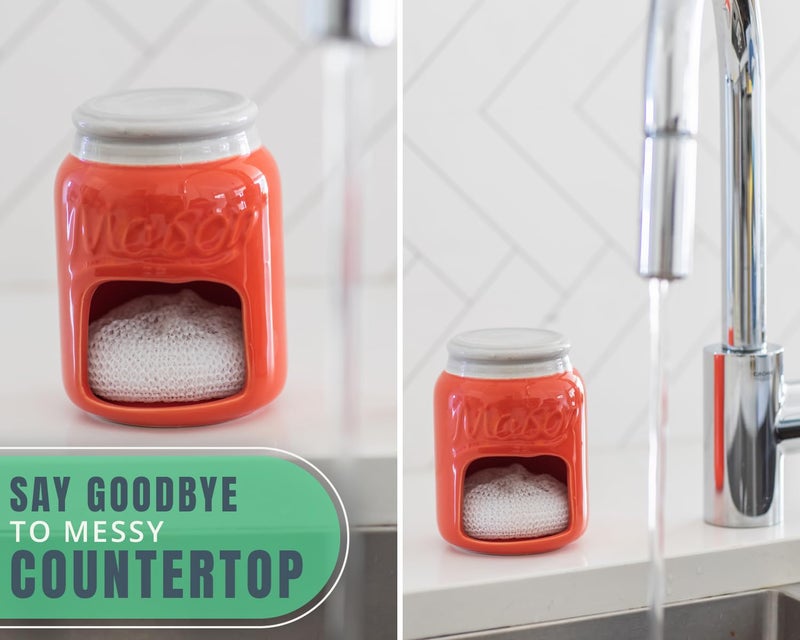 Comfify Ceramic Sponge Holder – Coral Mason Jar Sink Caddy – Farmhouse Kitchen Accessory with Free Sponge - Image 4