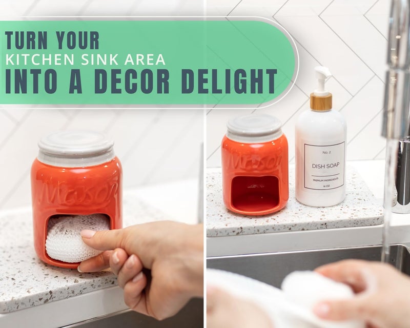 Comfify Ceramic Sponge Holder – Coral Mason Jar Sink Caddy – Farmhouse Kitchen Accessory with Free Sponge - Image 5