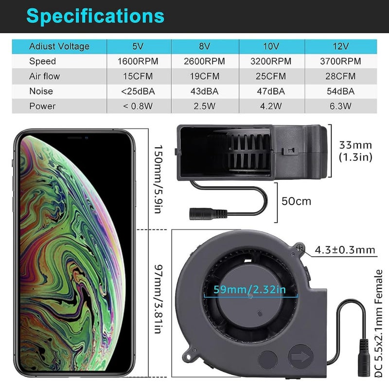 PGSA2Z 12V Blower Fan with Dual Ball Bearings - High Airflow, Variable Speed Controller - 97 x 33 mm - 110V/220V AC Plug - Cooling, and Ventilation Exhaust Projects - Image 2