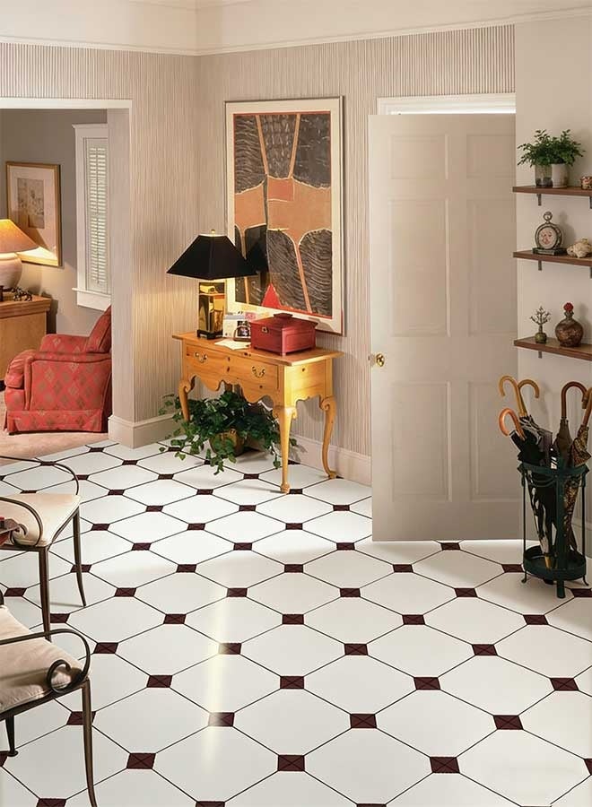 رَوَائِد 10 قطع ملصقات بلاط أرضيات ذاتية اللصق مقاس 30 × 30 سم، بلاط فينيل مقاوم للماء وغير قابل للانزلاق للمطبخ وغرفة النوم والحمام، بنمط هندسي أحمر - Image 4