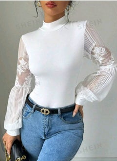 SHEIN Raffinéa Lace Patchwork High Neck Long Sleeve Skinny Bodysuit For Women
