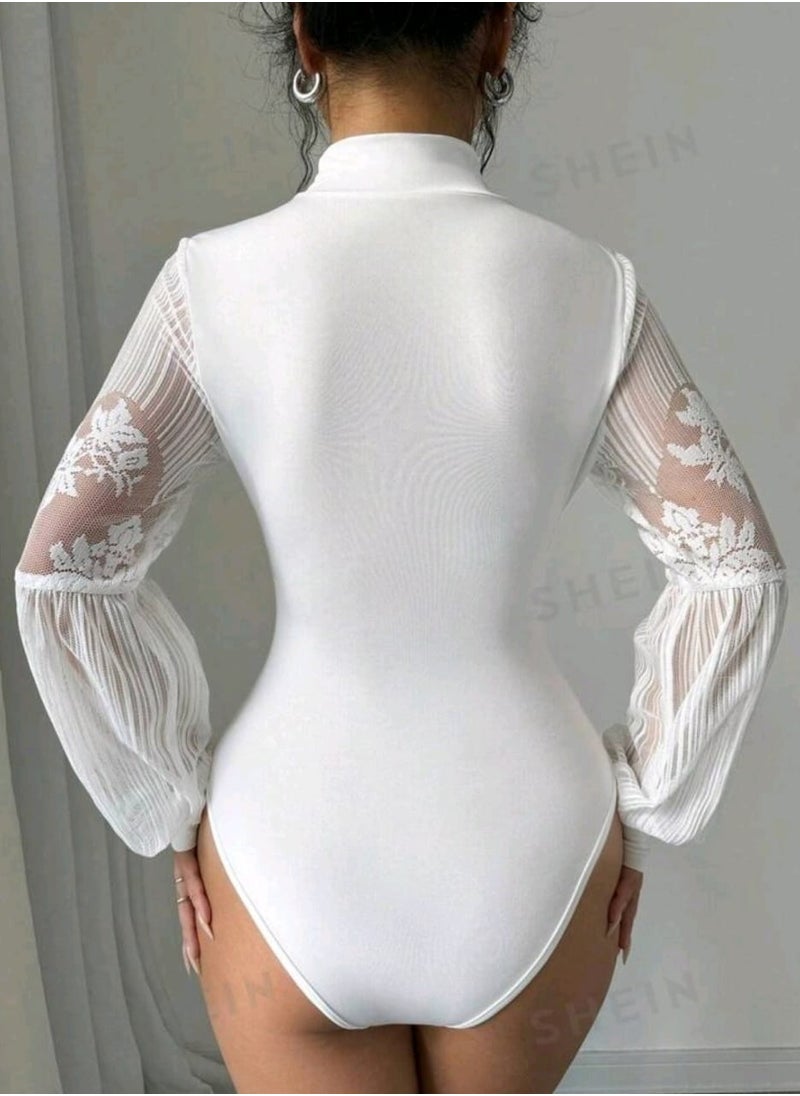 Shein - SHEIN Raffinéa Lace Patchwork High Neck Long Sleeve Skinny Bodysuit For Women - Image 1