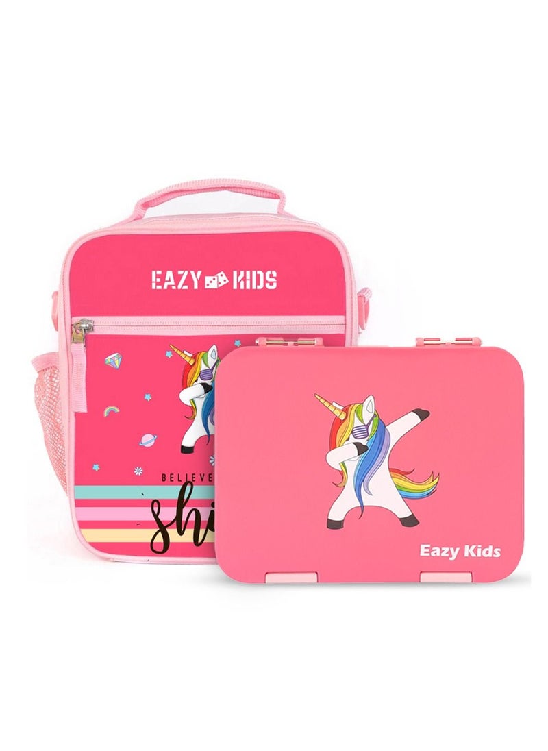 Eazy Kids - Unicorn 6/4 Compartment Bento Lunch Box w/ Lunch Bag-Pink - Image 1