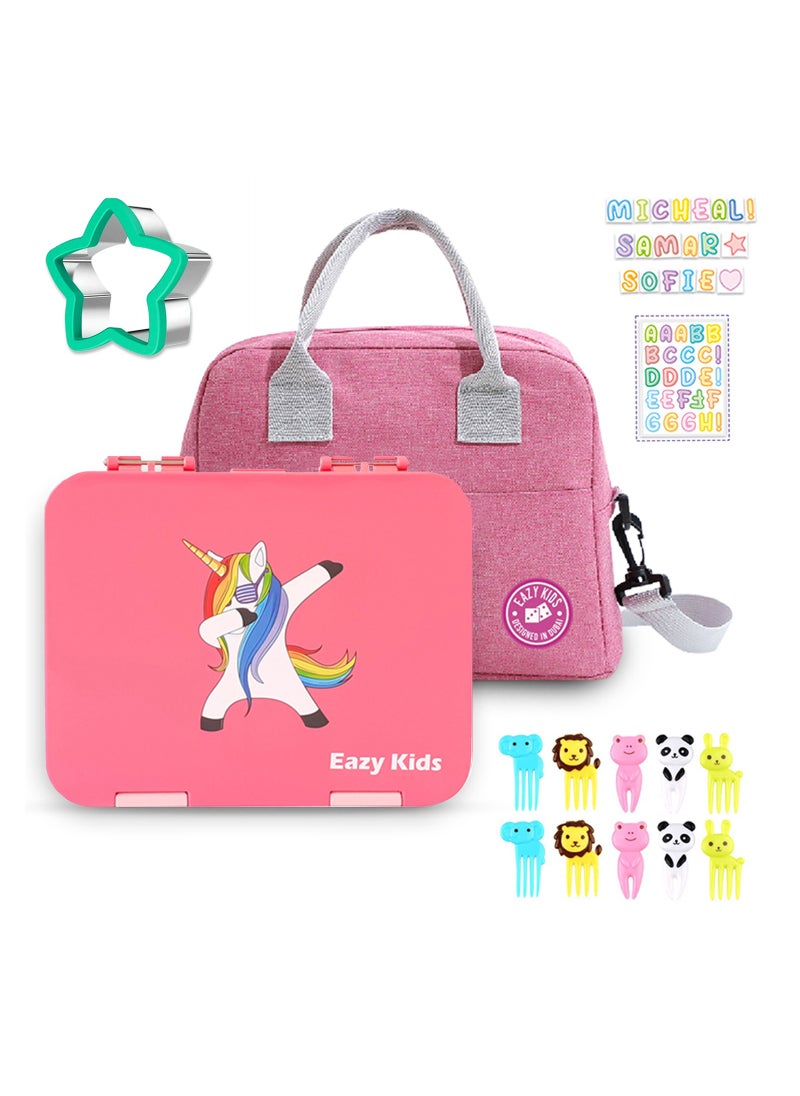 Eazy Kids - Unicorn 6/4 Compartment Bento Lunch Box w/ Lunch Bag-Pink - Image 1