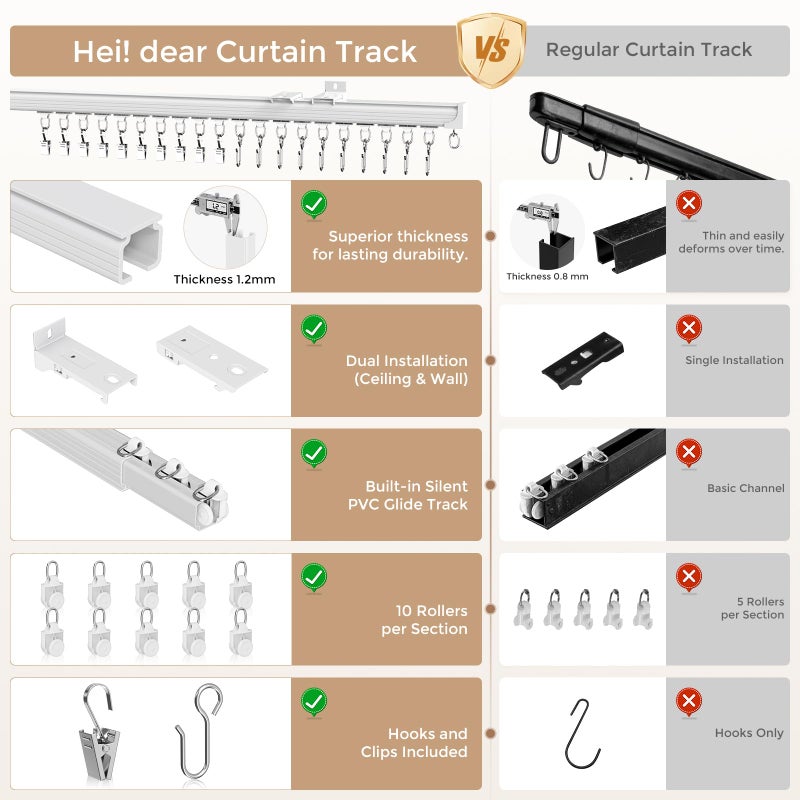 hei! dear Ceiling Curtain Track 12-15 ft White - Heavy Duty Ceiling/Wall Mount Curtain Rail/Rod System, 50 Quiet-Glide Rollers, 50 Hooks, 50 Clips, Room Divider for Living Room, Bathroom or Hospital - Image 3