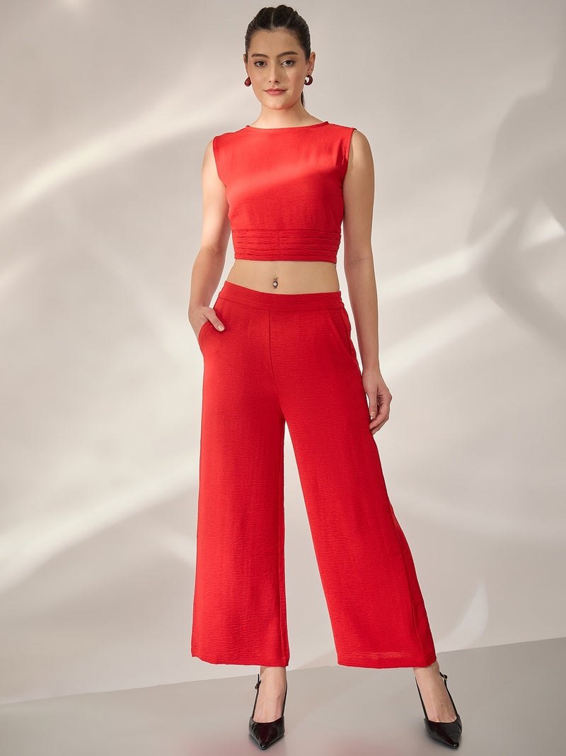 بانيت طقم متناسق (Co-ord Set) بلوزة قصيرة (Crop Top) حمراء مع بنطلون - Image 1