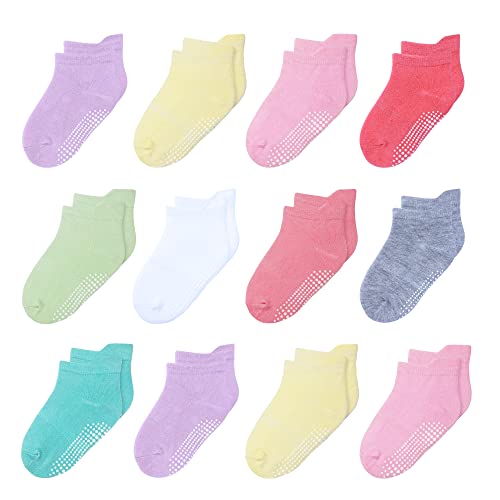 HYzgb Toddler Girls Socks 3T-4T-5T with Grippers 12 Pairs Cotton Little Kids Non Slip Ankle Socks for Toddler Kids 3-4-5 Years Old All Seasons Wearing (Bright Candy Colors) - Image 1