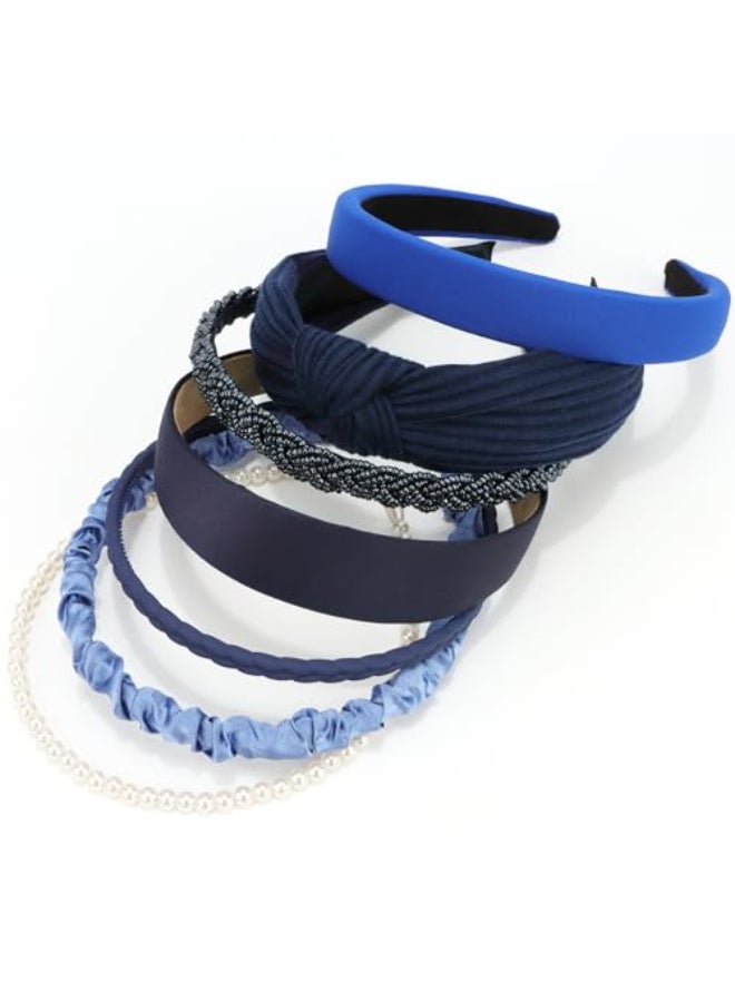 VELSCRUN Headbands for Women 7 Pcs Different Navy Blue Knotted Solid Pearl Head Bands Non Slip Hair Band for Womens Gilrs Thin Thick Short Hair Fashion Accessories - Image 1