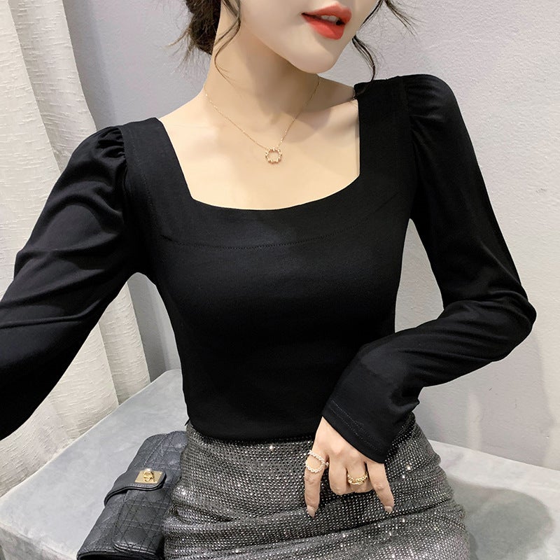 2023 New Autumn Fashion Slim Square Collar Cotton Bubble Sleeve Top Design Sense Niche Long Sleeve T-shirt - Image 1