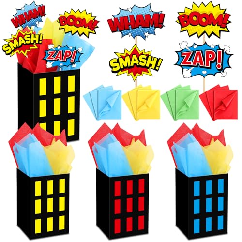 Weekgrat 12 Sets Hero Theme Party Decoration Hero Boxes Centerpiece 79 x 51 x 51 Inch Sticks with Tissue Paper Standing Cards Birthday Baby Shower Party Supplies RedYellowBlue - Image 1