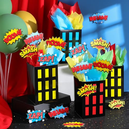 Weekgrat 12 Sets Hero Theme Party Decoration Hero Boxes Centerpiece 79 x 51 x 51 Inch Sticks with Tissue Paper Standing Cards Birthday Baby Shower Party Supplies RedYellowBlue - Image 5