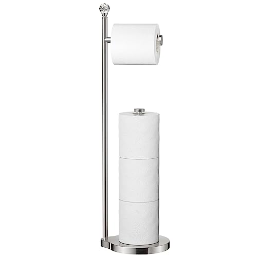 KASUNTO Toilet Paper Holder for Bathroom, Heavy Weighted Metal Free Standing Toilet Paper Storage with Crystal Ball, Toilet Paper Stand for Bathroom Accessories, Brushed Nickel [Holds MEGA Rolls] - Image 1